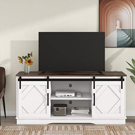 Großer TV-Schrank TV Stand Sideboard Entertainment Center mit 2 klassischen Schiebetüren Einstellbare Regale für Wohnzimmer Esszimmer Landhaus Modernes Design 150X40X60cm (Weiβ Braun)