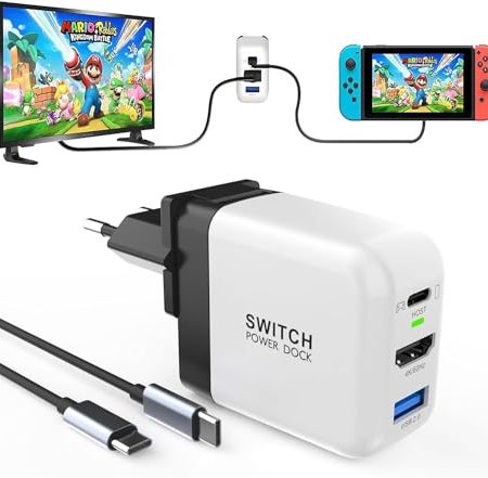 65W Switch Docking Station, für Nintendo Switch OLED/Steam Deck, Mini GaN Netzteil mit 3-Port (USB C+USB A+4K/HD),tragbare Docking Station Kompatibel mit Switch/Steam Deck/Rog Alley/Mobile black&weiße
