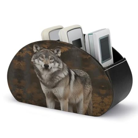 FZQVSWTX Fernbedienungshalter, wilder grauer Wolf, bedruckter PU-Leder-Fernbedienungs-Caddy mit 5 Fächern für Medien-Zubehör und Bürobedarf