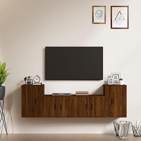 Annlera 4-TLG. TV-Schrank-Set Braun Eichen-Optik Holzwerkstoff Wohnwand Holz Tv Lowboard Holz Tv Cabinet Tv Lowboard Hängend Wohnwand Hängend Wohnwand Modern Wohnzimmer Möbel Tv Schrank Tv Board