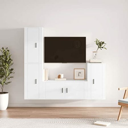 Homgoday TV-Möbel-Set, 4-teilig, Sperrholz, Weiß, glänzend, TV-Möbel, Wohnzimmer, Esszimmer, Couchtisch, Fernseher, Musikausrüstung, Schrank, TV-Möbel, Typ 3