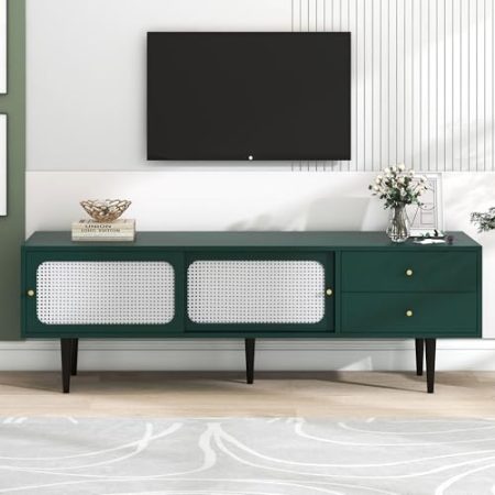 YCYDHDM TV-Schrank, für unter 80-Zoll-Fernseher, TV-Lowboard mit 2 Rattan-Schiebetüren und 2 Schubladen, TV-Möbel mit 4 Fächer zur Aufbewahrung, für Ihr Wohnzimmer Schlafzimmer, Grün