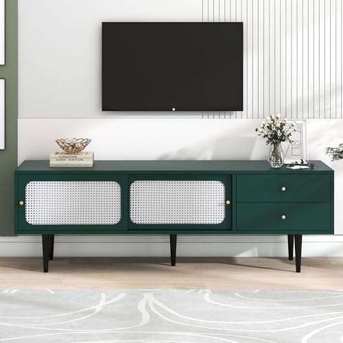 YCYDHDM TV-Schrank, für unter 80-Zoll-Fernseher, TV-Lowboard mit 2 Rattan-Schiebetüren und 2 Schubladen, TV-Möbel mit 4 Fächer zur Aufbewahrung, für Ihr Wohnzimmer Schlafzimmer, Grün