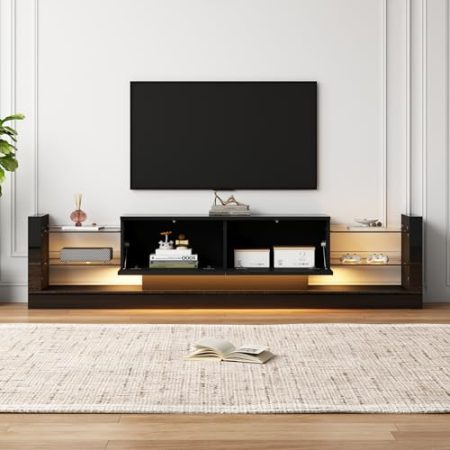 YESGIGA Hochglanz-TV-Schrank mit LED-Beleuchtung, 181cm, Für Fernseher bis 80 Zoll, Glasfront, Zwei klappbare Schubladen