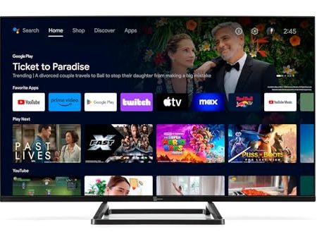 TELE System Smart-TV 32" TS32FL SMG14 Android TV, DVB-T2/S2, Google Cast/Chromecast, Google Assistant, tivùsat HD, HbbTV, TV-Pause, Sprachfernbedienung, 12 V/220 V für Zuhause, Wohnmobil, Boot