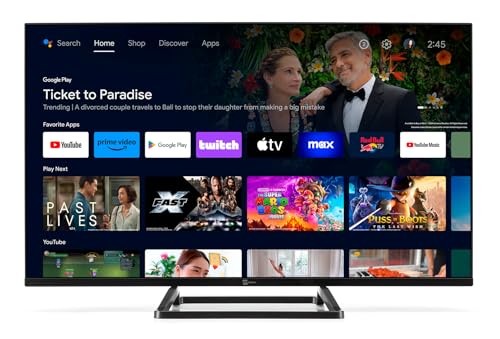 TELE System Smart-TV 32" TS32FL SMG14 Android TV, DVB-T2/S2, Google Cast/Chromecast, Google Assistant, tivùsat HD, HbbTV, TV-Pause, Sprachfernbedienung, 12 V/220 V für Zuhause, Wohnmobil, Boot
