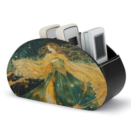 FZQVSWTX Fernbedienungshalter, tiefer Smaragd und Bernstein bedruckter PU-Leder-Fernbedienungs-Caddy Desktop-Organizer mit 5 Fächern für Medien-Zubehör und Bürobedarf