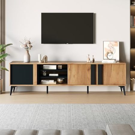 Wuudi Rustikales Braun-TV-Schrank, Lowboard,TV-Board, TV-Kommode,180 cm – Für Fernseher bis 80 Zoll mit Tür und offenem Fach