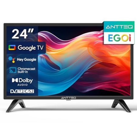 Antteq EGoi Smart TV 24 Zoll LED 61cm Fernseher HD Google TV Wi-Fi, Triple Tuner (DVB-C/-S2/-T2) mit Google Voice Assistant, Google Play Store, DAZN, Netflix, Prime Video [Energieklasse E]