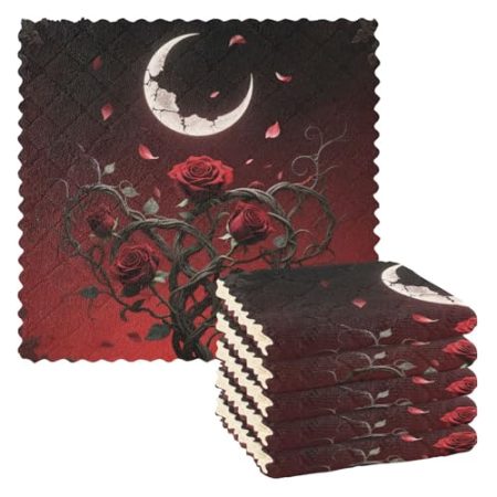 EtherSpher Geschirrtuch mit roten Rosen, Mondschein und Nacht, Mikrofaser, Weihnachtshandtücher für Küche, Waschen, Reinigung, Zubehör, Para Mesas, 27,9 x 27,9 cm, 6 Stück