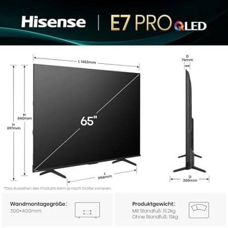 Hisense 65E7Q PRO Fehrnseher,65 Zoll, 4K UHD QLED, Smart TV,144Hz Game Mode PRO,Filmaker Mode, AMD FreeSync Premium,AI HDR Upscaler,Dolby Vision IQ,Dolby Atmos,Sprachsteuerung [2025]