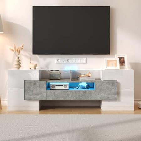 TV-Schrank 145 cm Lang Lowboard mit Türen Schubladen offenen Fächern TV-Ständer Glasoberfläche mit LED-Beleuchtung Sideboard TV Möbel Tisch für Wohnzimmer Grau