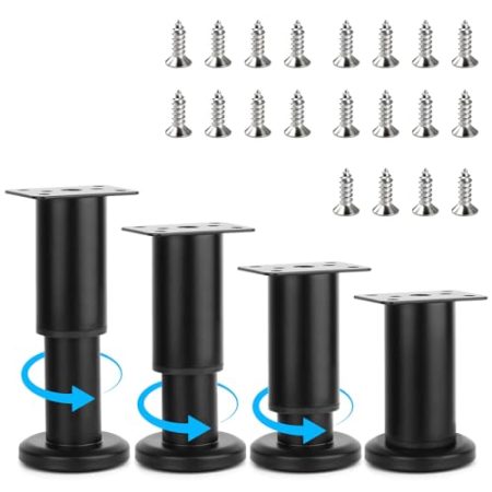 Yooler 4er Möbelfüße Set, 8-12cm Möbelfüße Verstellbar, füße für möbel Metall schwarz Ersatz Stützfüße, DIY Schrankfüsse Tischfüße mit 20 Pcs Schrauben für Möbel Sofa Bett Nachttisch Fernsehschrank