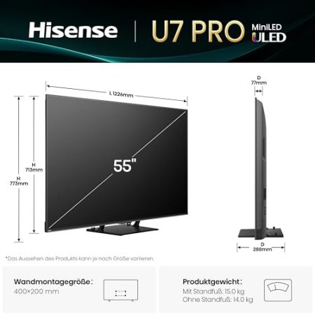 Hisense 55U7Q Pro Fernseher 55 Zoll, 4K Mini LED, Smart TV, Hi-View AI Engine Pro, 165Hz Game Mode Ultra, FreeSync Premium Pro, 2.1.2 Ch. Surround Sound, Dolby Vision IQ Atmos, Sprachsteuerung [2025]