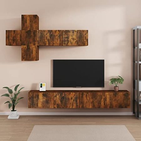 Tidyard 7-TLG. TV Schrank Set Wohnwand Wohnzimmer TV Set TV Lowboard Fernsehtisch TV Möbel Moderne Schrankwand Wandschrank Mediawand Anbauwand Wohnzimmersets Räuchereiche Holzwerkstoff