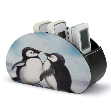 FZQVSWTX Fernbedienungshalter, "I Love Penguins", bedruckt, PU-Leder, Schreibtisch-Organizer mit 5 Fächern für Medien-Zubehör und Bürobedarf
