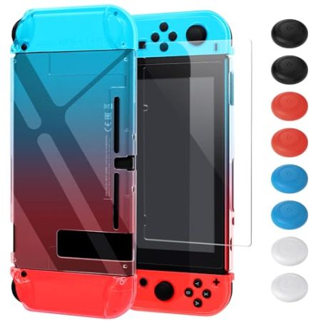 FYOUNG Schutzhülle mit Schutzfolie Kompatibel mit Nintendo Switch, Stoßdämpfung und Anti-Scratch Transparent Hülle Zubehör für Switch mit Displayschutzfolie und Griffkappen (Rot und Blau)