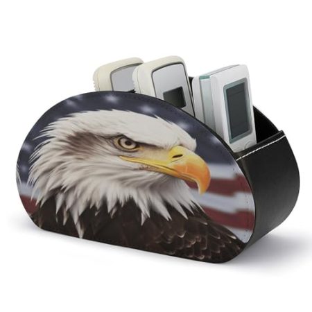FZQVSWTX Fernbedienungshalter, Weißkopfseeadler, bedrucktes PU-Leder, Schreibtisch-Organizer mit 5 Fächern für Medien-Zubehör und Bürobedarf