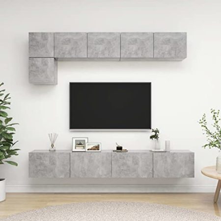 Gecheer 5-TLG. Wohnwand Lowboard TV Schrank Set Hängeschrank Mediawand Fernsehschrank TV Möbel Wohnschrank Spanplatte Betongrau