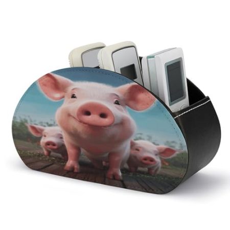 FZQVSWTX Fernbedienungshalter, lustig, niedliches Schweinchen, bedrucktes PU-Leder, Schreibtisch-Organizer mit 5 Fächern für Medien-Zubehör und Bürobedarf