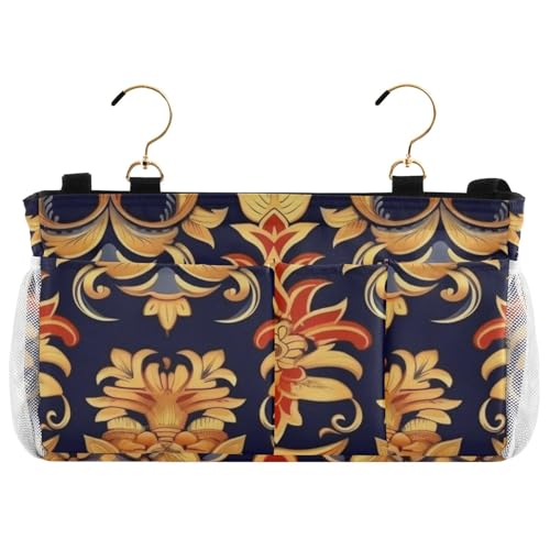 Nachttisch-Hängekorb Schaukelstuhl Aufbewahrungstasche für TV-Fernbedienung, Handys, Zeitschriften, Tablets, Zubehör, Schwarz und Orange, Vintage-Blumenmuster