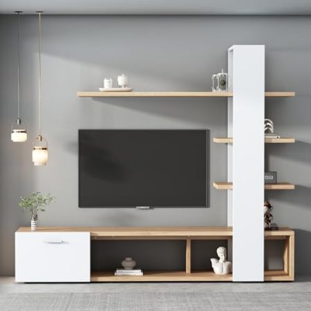 YuQozii Home Wohnzimmer-Wandschrank, Wohnzimmermöbel-Set 180 x 33,5 x 151,5 cm, geeignet für Fernseher unter 60 Zoll, modernes Eichenweiß TV-Schrank,Lowboard,TV Wohnwand Set,Wohnzimmer Möbel Set
