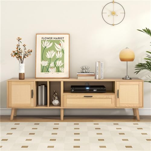 TV-Schrank Rattandesign TV-ständer Mit Türen Und Schublade Fernseher Bis Zu 80 Zoll Lowboard Für Wohnzimmer Schlafzimmer Fernsehtisch Sideboard Holzfarbe 1102