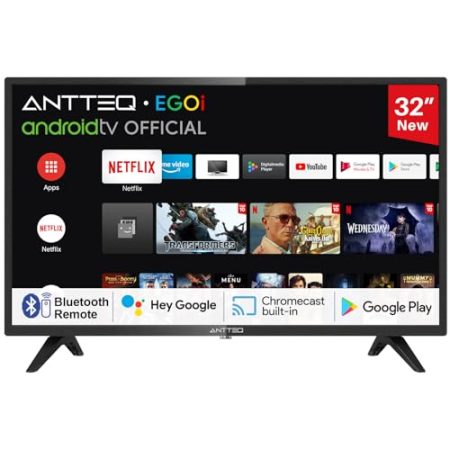 Antteq AG32H3 Smart TV 32 Zoll (Fernseher 80 cm) Android TV, Google Bluetooth Sprachassistent,Triple Tuner (DVB-C/S2/T2),kompatibel mit Google Play Store (DAZN/Netflix/Prime Video),WiFi