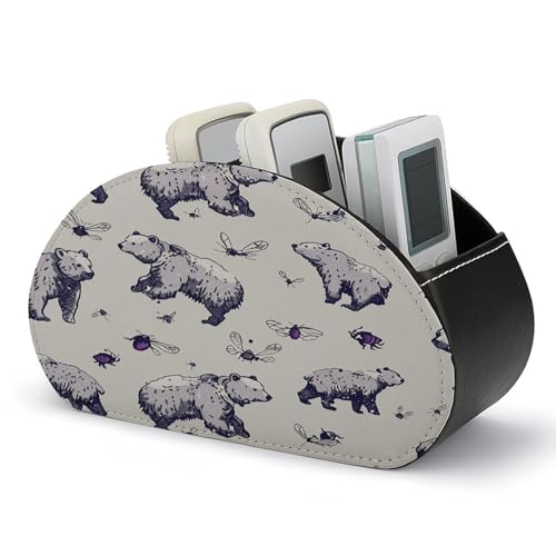 FZQVSWTX Fernbedienungshalter, graues Bärenmuster, bedrucktes PU-Leder, Schreibtisch-Organizer mit 5 Fächern für Medien-Zubehör und Bürobedarf