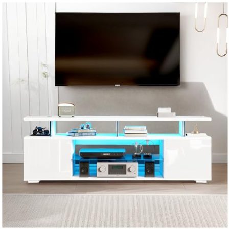 Wyibwy Moderner TV-Schrank mit LED-Beleuchtung, Glas-TV-Schrank, Hochglanz-Low-TV-Schrank, für 60-Zoll-TV, Tisch, universelles Multimedia-Spielregal, Aufbewahrungsschrank, Weiß