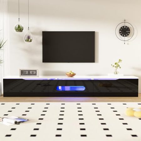 Hochglanzoberfläche TV-Schrank Schwarz-weißer Design, 180 cm lang, TV Lowboard mit 16-farbiger LED-Beleuchtung, Wandmontierbar/Bodenstehende, Großer Speicher, für TV bis zu 70", Wohnzimmer Möbel