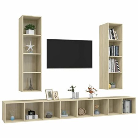 Gecheer 4X TV Wandschrank Hängeschrank TV Möbel Schrank Fernsehschrank Fernsehtisch HiFi-Schrank Lowboard Schrankwand Wohnwand 37 x 37 x 142,5 cm (B x T x H) Sonoma-Eiche Spanplatte