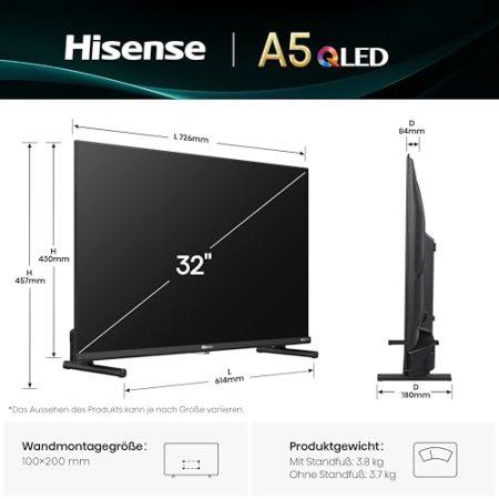 Hisense 32A5Q Fehrnseher, 32 Zoll, 2K QLED, Smart TV, Game Mode, AI Sports Mode, Dolby Atmos, Dolby MS12, DTS X, HDR10, HLG, Full HD, High Contrast, Rauschunterdrückung [2025]