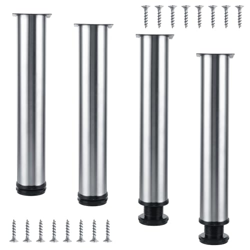 VIDETOL 4 Stück Möbelfüße Edelstahl, 30cm Rund Metall Tischbeine Höhenverstellbar, Höhenverstellbar 300mm-315mm Tischfüße mit Schrauben für Schrank, Schreibtisch und DIY Möbel