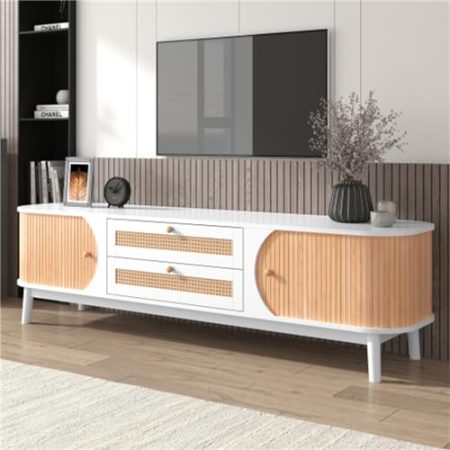 TV-Schrank aus Naturholz mit Rattan – rustikaler Stil in Weiß und Holzfarben – Aufbewahrungslösung mit Türen und Schubladen – Verleihen Sie Ihrem Wohnzimmer natürlichen Charme (White+Particle Board)