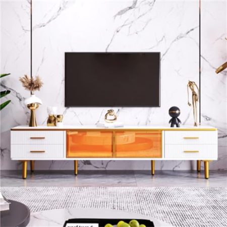 hrijusdif Marmor-TV-Schrank, 4 Struktur Schubladen mit goldenen Griffen und Glastüren und LED-Beleuchtung, Lowboard für modernes Wohnzimmer, 170 x 37 x 47,5 cm