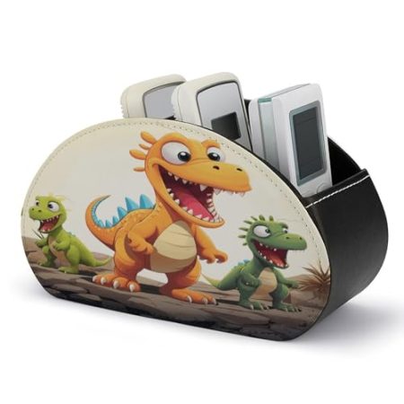 FZQVSWTX Fernbedienungshalter, Cartoon-Dinosaurier-Bilder, bedrucktes PU-Leder, Fernbedienungs-Caddy mit 5 Fächern für Medien-Zubehör und Bürobedarf