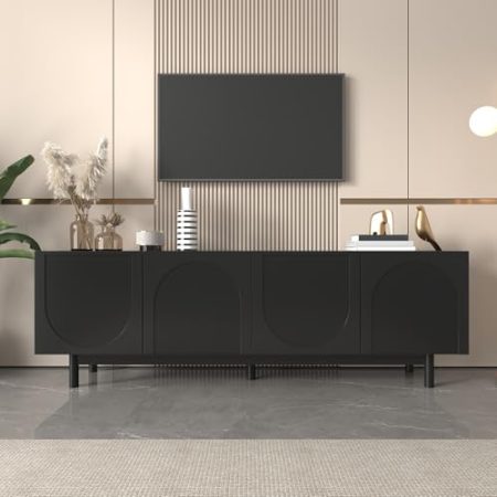 ANIROY TV-Schrank, Lowboard für 50-59 Zoll TVs, Fernsehschrank mit 4 Türen, TV-Möbel, Fernsehtisch mit verstellbare Einlegeplatten für Wohnzimmer Schlafzimmer, 175 x 38 x 56 cm, Schwarz