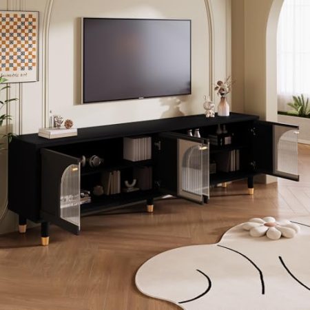 Aunvla Eleganter schwarzer TV-Schrank mit gewölbten geriffelten Glastüren, 4 Türen – 173 x 38 x 59 cm – Modernes Design