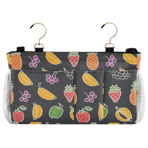 siphylline Aufbewahrungstasche zum Aufhängen am Nachttisch, mit Taschen, Organizer für TV-Fernbedienung, Handys, Zeitschriften, Tablets, Zubehör, niedliche Linienkunst, Obst-Dunkelgrau