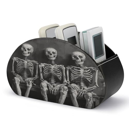 FZQVSWTX Fernbedienungshalter, drei lächelnde Skelette, bedrucktes PU-Leder, Fernbedienungs-Caddy mit 5 Fächern für Medien-Zubehör und Bürobedarf