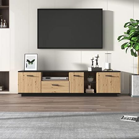 TV-Schrank mit einer Schublade, drei Türen, zwei offene Fächer mit Glas TV-Möbel, TV-Board, TV-Lowboard Feinstruktur. Schwarze und natürliche Holzfarben. 15 variable LED-Leuchten. 180 L x 40 B x 45 H