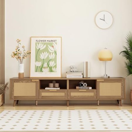 Goeria TV-Konsolentisch 200 x 37 x 49cm, TV-Schrank mit echtem Rattandesign, TV-Schrank mit massiven Holzfüßen,Geflochtener Rattan-TV-Boards