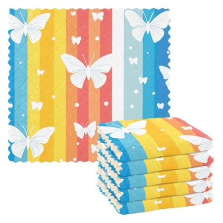 Amooorous Weiße Schmetterlinge und Streifen Urlaub Frottee Küchentücher hawaiianische Geschirrtücher bedruckt Stil neues Zuhause Küche Zubehör zum Kochen 27,9 x 27,9 cm 6 Stück