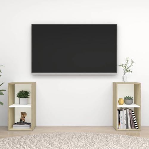 AJJHUUKI Möbelstück TV-Schränke 2 tlg Weiß und Sonoma Eiche 72x35x36,5 cm Holzwerkstoff