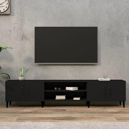 Homvdxl 180 cm breiter Fernsehtisch, Fernsehschrank für bis zu 70 Zoll Fernseher, TV-Tisch mit 4 Türen und Metallbeinen, 180 x 31,5 x 40 cm, für Wohnzimmer, Schlafzimmer, Schwarz