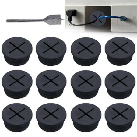 Zamety 12 Stück Kabeldurchführung Schreibtisch, Flexible Silikon kabeldurchlass, 25mm Schreibtisch Kabeldurchführung, Kabeltülle mit 1 Bohrer für Büro, Zuhause, Computertisch, Schwarz
