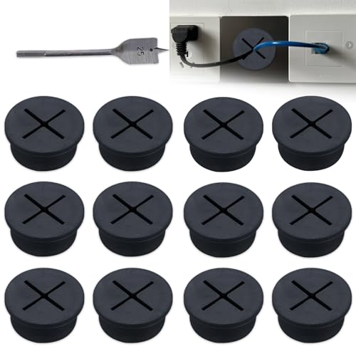 Zamety 12 Stück Kabeldurchführung Schreibtisch, Flexible Silikon kabeldurchlass, 25mm Schreibtisch Kabeldurchführung, Kabeltülle mit 1 Bohrer für Büro, Zuhause, Computertisch, Schwarz