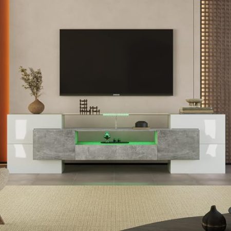 HYUB TV-Schrank für unter 85-Zoll-Fernseher TV Board mit Stauraum, Moderner TV Sideboard, Lowboard mit 6 Türen 3 ffenes Ablagefach und 2 Schubladen, Fernsehschrank für Wohnzimmer, Grau