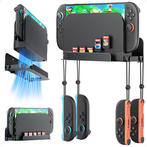 Auarte Wandhalterung für Nintendo Switch 2, Switch Halterung Zubehör mit 4 Joy-Con Haken und 5 Game Card Slots, Hohles Design Schnelle Wärmeableitung, Sichere Metall Wandhalterung in der Nähe von TV